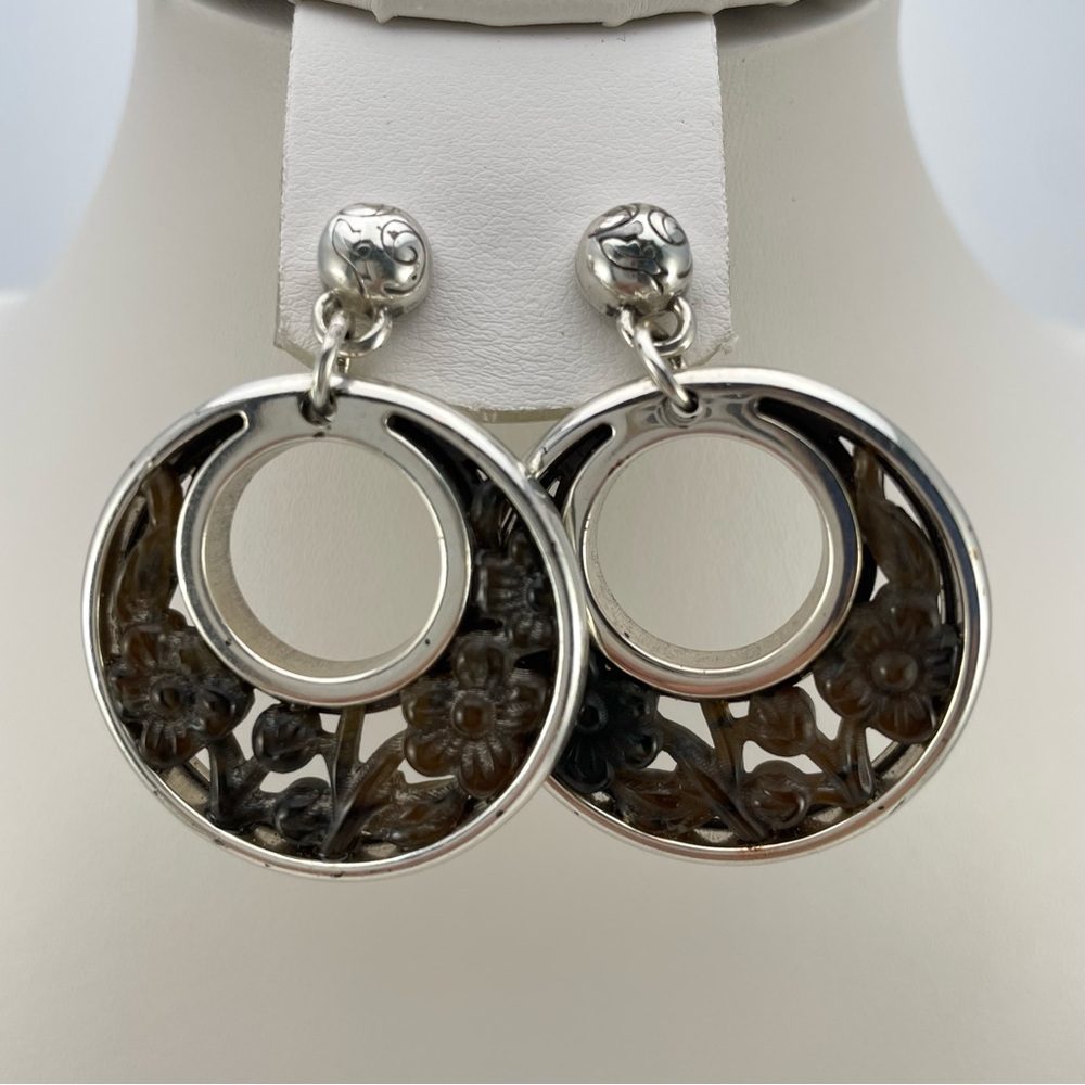 Brighton “Thai Garden” Silver Floral Hoop Drop Earrings